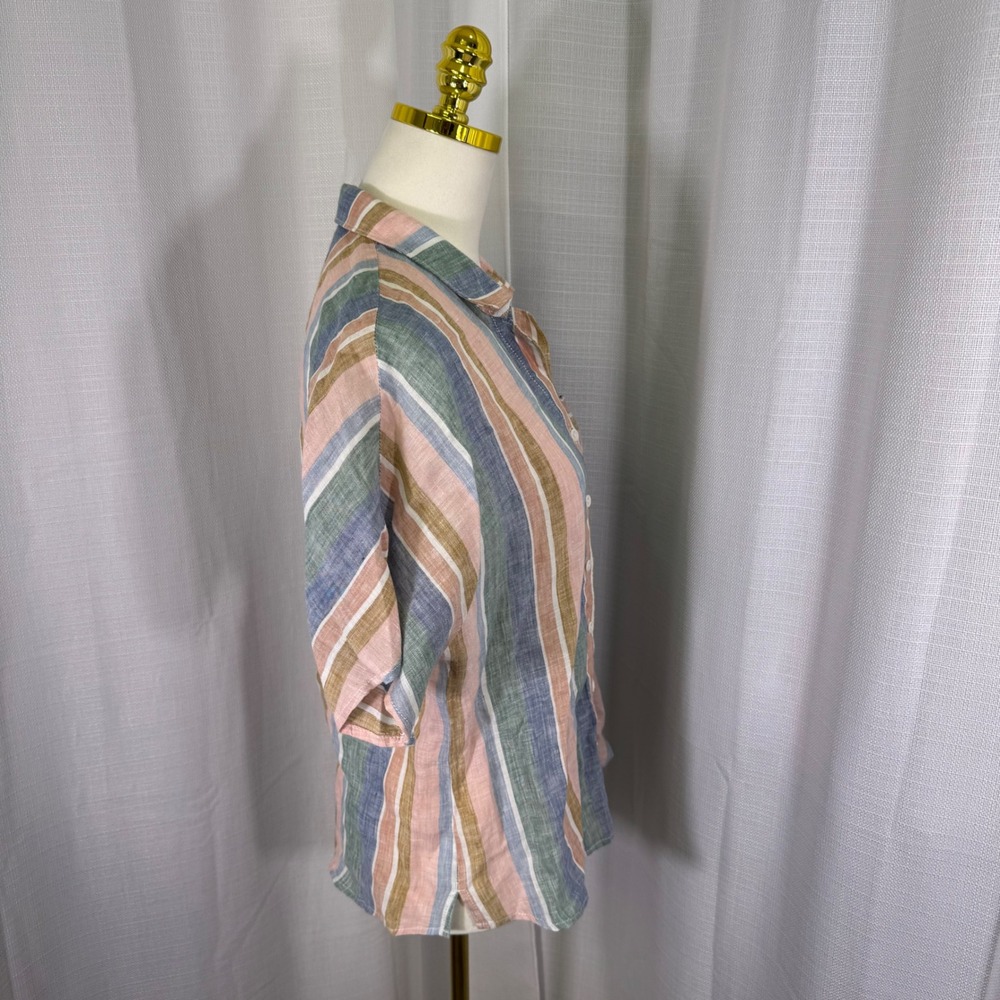 Garnet Hill Button Down S/S Shirt Womens 10 Multi Color Striped 100% Linen Top - Picture 11 of 11